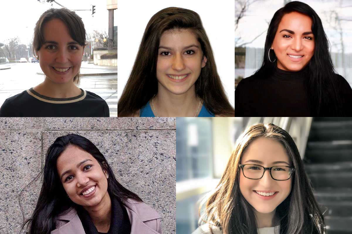 Headshot photos of the student interns who will work at WCW in 2019-20. From left to right, Row 1: Nora Pearce, Jessica Abowitz, Ninotska Love. Row 2: Dhanya Nageswaran, Sandra Riano