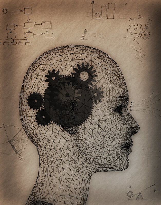 Illustration of a brain in the side profile with cogs and wheels