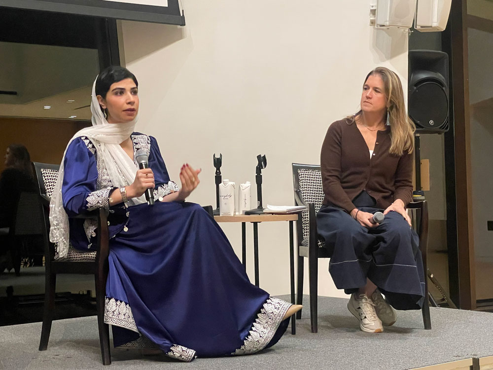 Pashtana Durrani (left) speaks with Courtenay Cabot Venton
