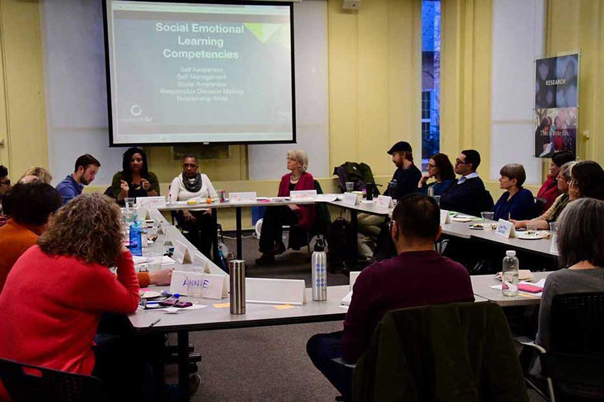 Kamilah Drummond-Forrester, M.A., Gail Cruise-Roberson, and Sarah Fiarman lead a workshop on equity and SEL at Tufts University.